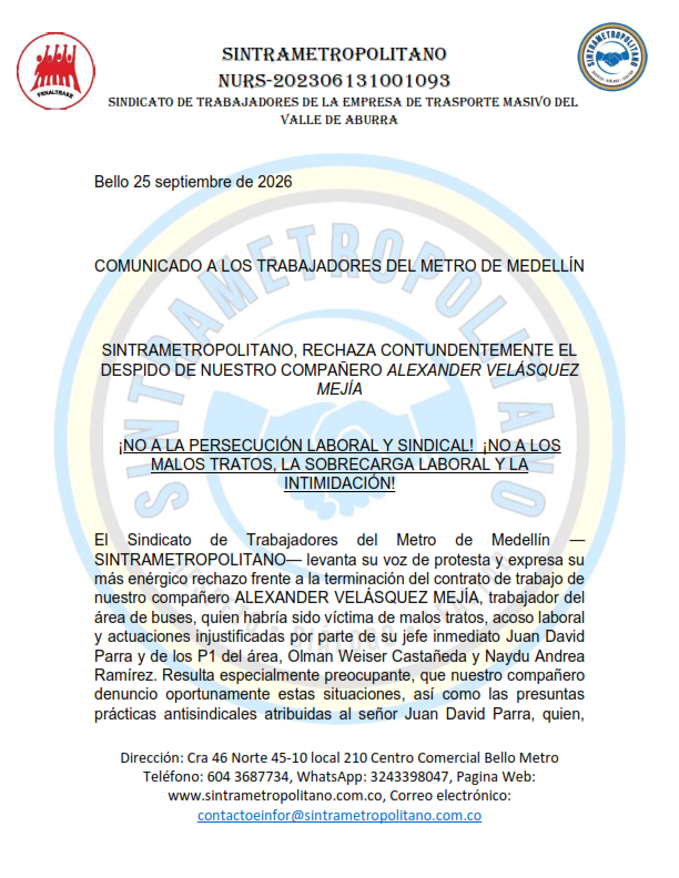 COMUNICADO A LOS TRABAJADORES DEL METRO DE MEDELLÍN